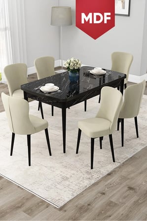 Due Serisi 80x132 MDF Açılabilir Siyah Mermer Desen Mutfak Masası Takımı 6 Krem Sandalye