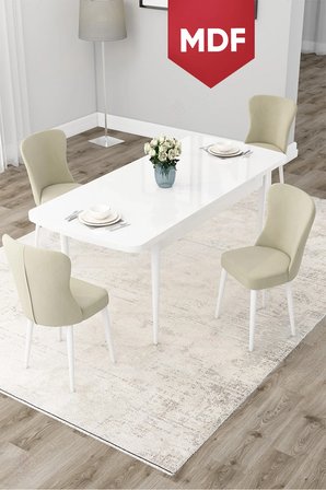 Due Serisi 80x132 MDF Açılabilir Beyaz Yemek Odası Takımı Ve 4 Krem Sandalye