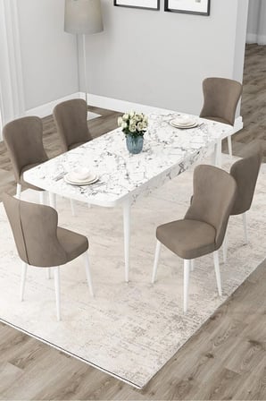 Due Serisi 80x132 Açılabilir Beyaz Mermer Desen Yemek Odası Takımı Ve 6 Cappucino Sandalye