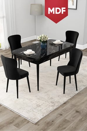 Due Serisi 80x132 MDF Açılabilir Siyah Mermer Desen Yemek Odası Masa Takımı ve 4 Siyah Sandalye