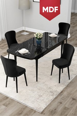Due Serisi 80x132 MDF Açılabilir Siyah Mermer Desen Yemek Odası Masa Takımı ve 4 Siyah Sandalye