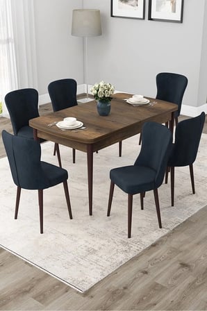Due Serisi 80x132 Açılabilir Barok Ahşap Desen Yemek Odası Takımı ve 6 Antrasit Sandalye