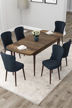 Due Serisi 80x132 Açılabilir Barok Ahşap Desen Yemek Odası Takımı ve 6 Antrasit Sandalye