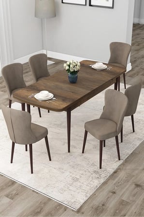 Due Serisi 80x132 Açılabilir Barok Ahşap Desen Yemek Odası Takımı ve 6 Cappucino Sandalye
