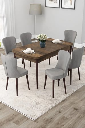 Due Serisi 80x132 Açılabilir Barok Ahşap Desen Yemek Odası Takımı ve 6 Gri Sandalye