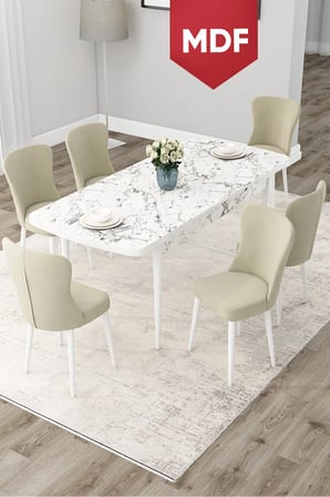 Due Serisi 80x132 MDF Açılabilir Beyaz Mermer Desen Yemek Odası Takımı Ve 6 Krem Sandalye