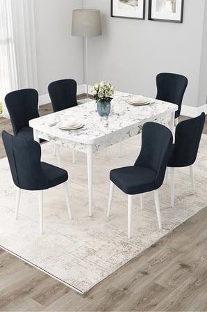 Due Serisi 80x132 Açılabilir Beyaz Mermer Desen Yemek Odası Takımı Ve 6 Antrasit Sandalye
