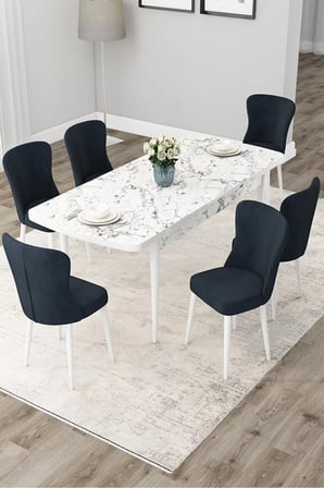 Due Serisi 80x132 Açılabilir Beyaz Mermer Desen Yemek Odası Takımı Ve 6 Antrasit Sandalye
