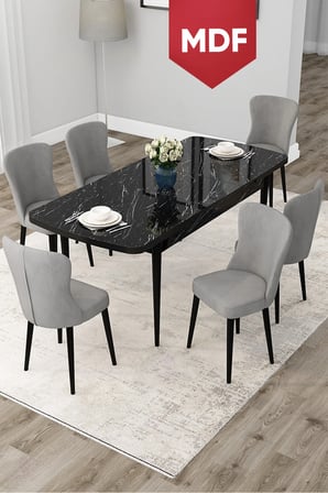Due Serisi 80x132 MDF Açılabilir Siyah Mermer Desen Yemek Odası Takımı ve 6 Gri Sandalye