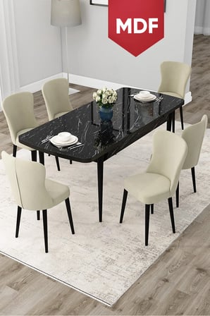 Due Serisi 80x132 MDF Açılabilir Siyah Mermer Desen Yemek Odası Takımı ve 6 Krem Sandalye