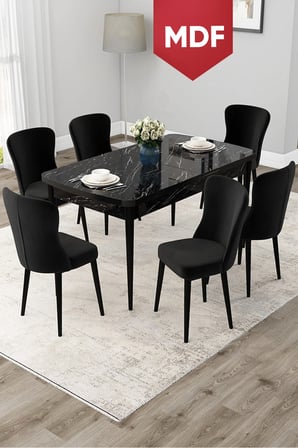 Due Serisi 80x132 MDF Açılabilir Siyah Mermer Desen Yemek Odası Takımı ve 6 Siyah Sandalye