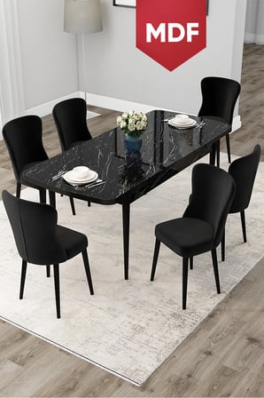 Due Serisi 80x132 MDF Açılabilir Siyah Mermer Desen Yemek Odası Takımı ve 6 Siyah Sandalye