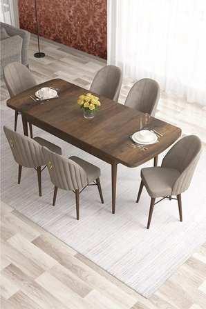 Elf Serisi 80x132 Açılabilir Gold Halkalı Barok Ahşap Desen Masa Takımı 6 Kahverengi Sandalye
