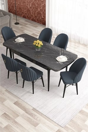 Elf Serisi 80x132 Açılabilir Gold Halkalı Barok Ahşap Desen Masa Takımı 6 Mürdüm Sandalye