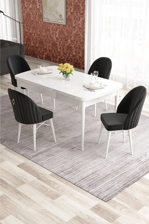 Elf Serisi 80x132 Beyaz Masa 4 Siyah Sandalye Gold Halkalı Mutfak Masası Takımı