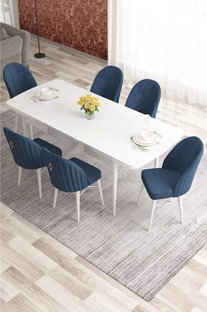 Elf Serisi 80x132 Açılabilir Beyaz Masa Takımı 6 Gri Sandalye Gold Halkalı