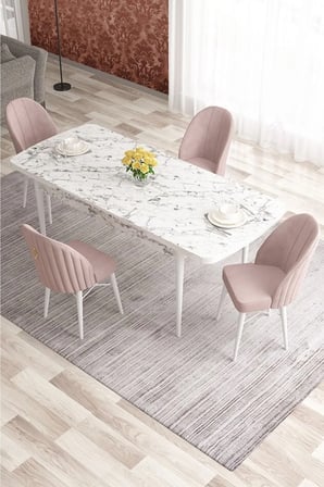 Elf Serisi 80x132 Açılabilir Beyaz Mermer Desen Masa Takımı Ve 4 Pembe Sandalye