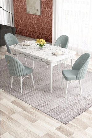 Elf Serisi 80x132 Açılabilir Beyaz Mermer Desen Masa Takımı Ve 4 Su Yeşili Sandalye