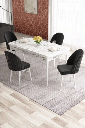 Elf Serisi 80x132 Açılabilir Beyaz Mermer Desen Masa Takımı Ve 4 Siyah Sandalye