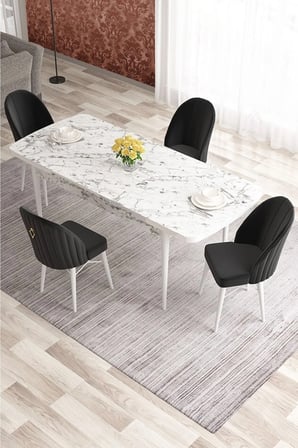 Elf Serisi 80x132 Açılabilir Beyaz Mermer Desen Masa Takımı Ve 4 Siyah Sandalye