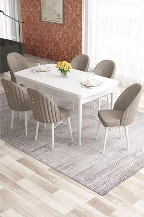 Elf Serisi 80x132 Açılabilir Beyaz Mermer Desen Gold Halkalı Masa Takımı Ve 6 Cappucino Sandalye