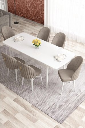 Elf Serisi 80x132 Açılabilir Beyaz Mermer Desen Gold Halkalı Masa Takımı Ve 6 Cappucino Sandalye