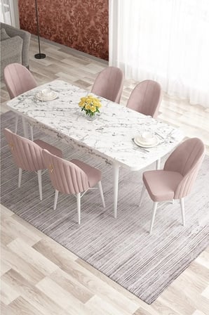 Elf Serisi 80x132 Açılabilir Beyaz Mermer Desen Gold Halkalı Masa Takımı Ve 6 Siyah Sandalye