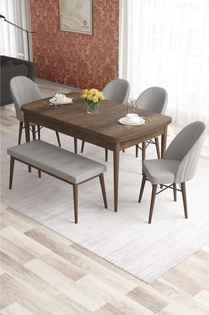 Elf Serisi 80x132 Açılabilir Siyah Mermer Desen Masa Takımı 4 Kahverengi Sandalye Ve 1 Bench