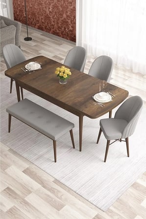Elf Serisi 80x132 Açılabilir Siyah Mermer Desen Masa Takımı 4 Kahverengi Sandalye Ve 1 Bench