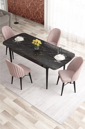 Elf Serisi 80x132 Açılabilir Siyah Mermer Desen Mutfak Masa Takımı Ve 4 Pembe Sandalye