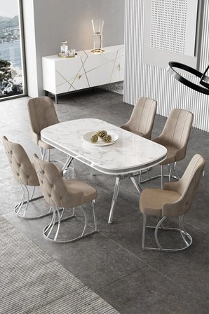 Epal Serisi 90x168 Lak Panel Beyaz Mermer Desen Masa Takımı Krom Ayaklı 6 Cappucino Sandalye