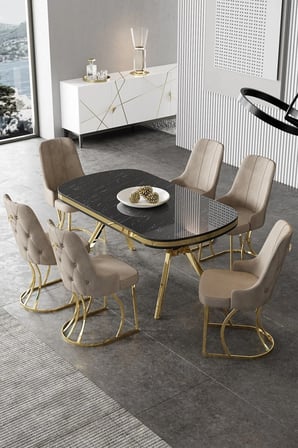 Epal Serisi 90x168 Lak Panel Siyah Mermer Desen Masa Takımı Gold Ayaklı 6 Cappucino Sandalye