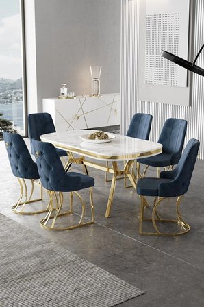 Epal Serisi 90x168 Lak Panel Beyaz Mermer Desen Masa Takımı Gold Ayaklı 6 Antrasit Sandalye