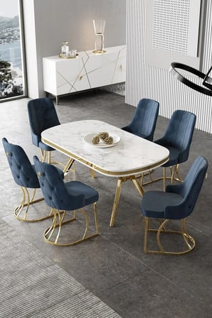 Epal Serisi 90x168 Lak Panel Beyaz Mermer Desen Masa Takımı Gold Ayaklı 6 Antrasit Sandalye