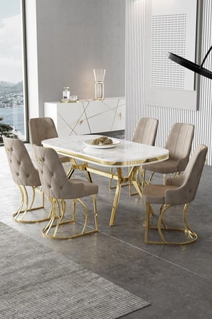Epal Serisi 90x168 Lak Panel Beyaz Mermer Desen Masa Takımı Gold Ayaklı 6 Cappucino Sandalye
