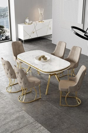 Epal Serisi 90x168 Lak Panel Beyaz Mermer Desen Masa Takımı Gold Ayaklı 6 Cappucino Sandalye