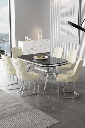 Epal Serisi 90x168 Lak Panel Siyah Mermer Desen Krom Ayaklı Masa Takımı ve 6 Krem Sandalye