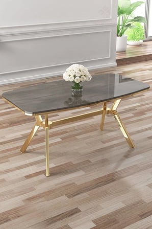 Esla Serisi 90x160 Lak Panel Antrasit Ironi Gold Kaplama Ayaklı Masa Takımı Ve 6 Siyah Sandalye