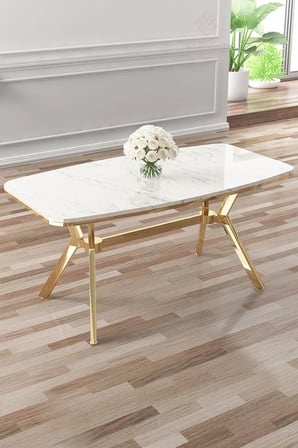 Esla Serisi 90x160 Lak Panel Beyaz Mermer Desen Gold Ayaklı Masa Takımı ve 6 Cappucino Sandalye