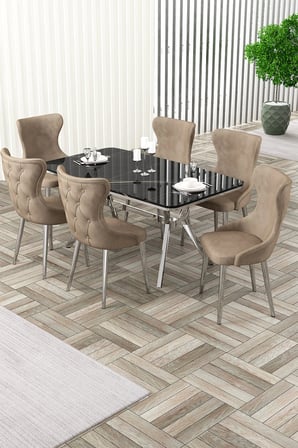 Esla Serisi 90x160 Lak Panel Sonata Krom Kaplama Ayaklı Masa Takımı ve 6 Cappucino Sandalye