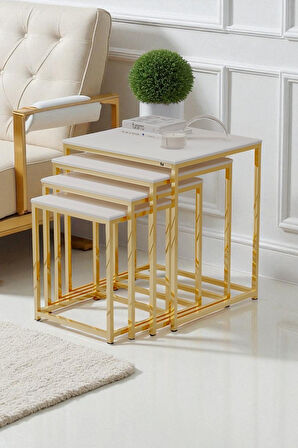 fursimo - Eterna Serisi 4Lü  Zigon Sehpa Takımı Beyaz Parlak MDF Gold Ayak