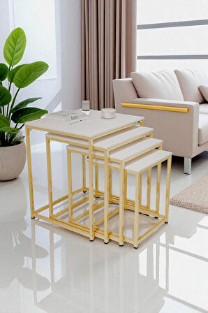 fursimo - Eterna Serisi 4Lü  Zigon Sehpa Takımı Beyaz Parlak MDF Gold Ayak