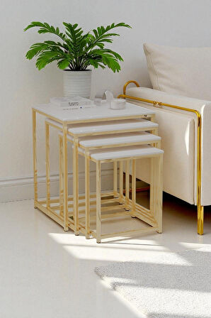 fursimo - Eterna Serisi 4Lü  Zigon Sehpa Takımı Beyaz Parlak MDF Gold Ayak