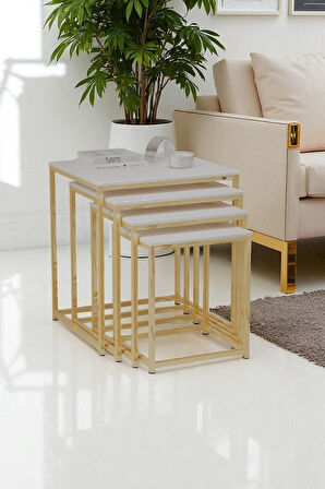 fursimo - Eterna Serisi 4Lü  Zigon Sehpa Takımı Beyaz Parlak MDF Gold Ayak