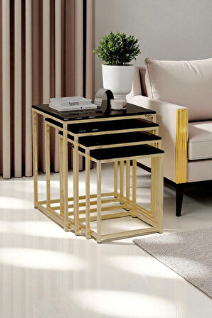 fursimo - Eterna Serisi 4Lü  Zigon Sehpa Takımı Siyah Parlak MDF Gold Ayak