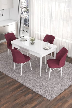 Eva Serisi 80x132 Açılabilir Mdf Mutfak Masası Takımı Beyaz Masa 4 Bordo Sandalye