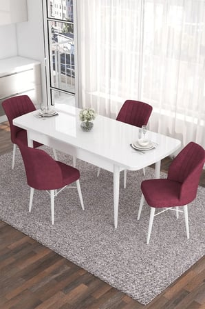 Eva Serisi 80x132 Açılabilir Mdf Mutfak Masası Takımı Beyaz Masa 4 Bordo Sandalye