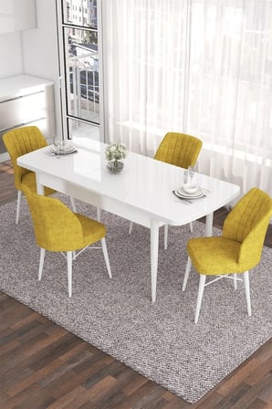 Eva Serisi 80x132 Açılabilir Mdf Mutfak Masası Takımı Beyaz Masa 4 Hardal Sandalye