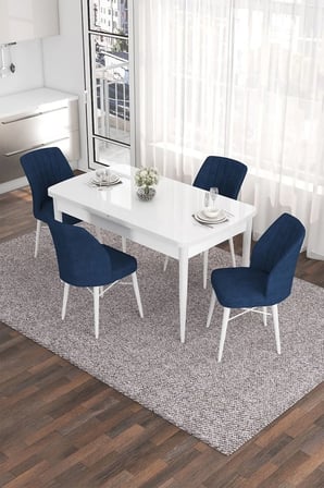 Eva Serisi 80x132 Açılabilir Mdf Mutfak Masası Takımı Beyaz Masa 4 Lacivert Sandalye