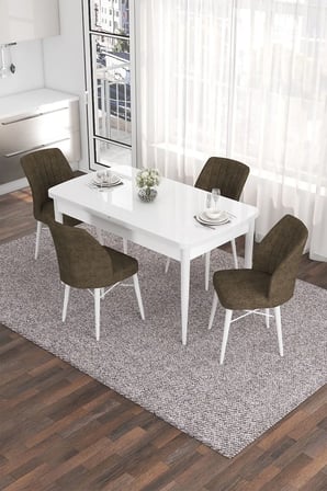 Eva Serisi 80x132 Açılabilir Mdf Mutfak Masası Takımı Beyaz Masa 4 Kahverengi Sandalye